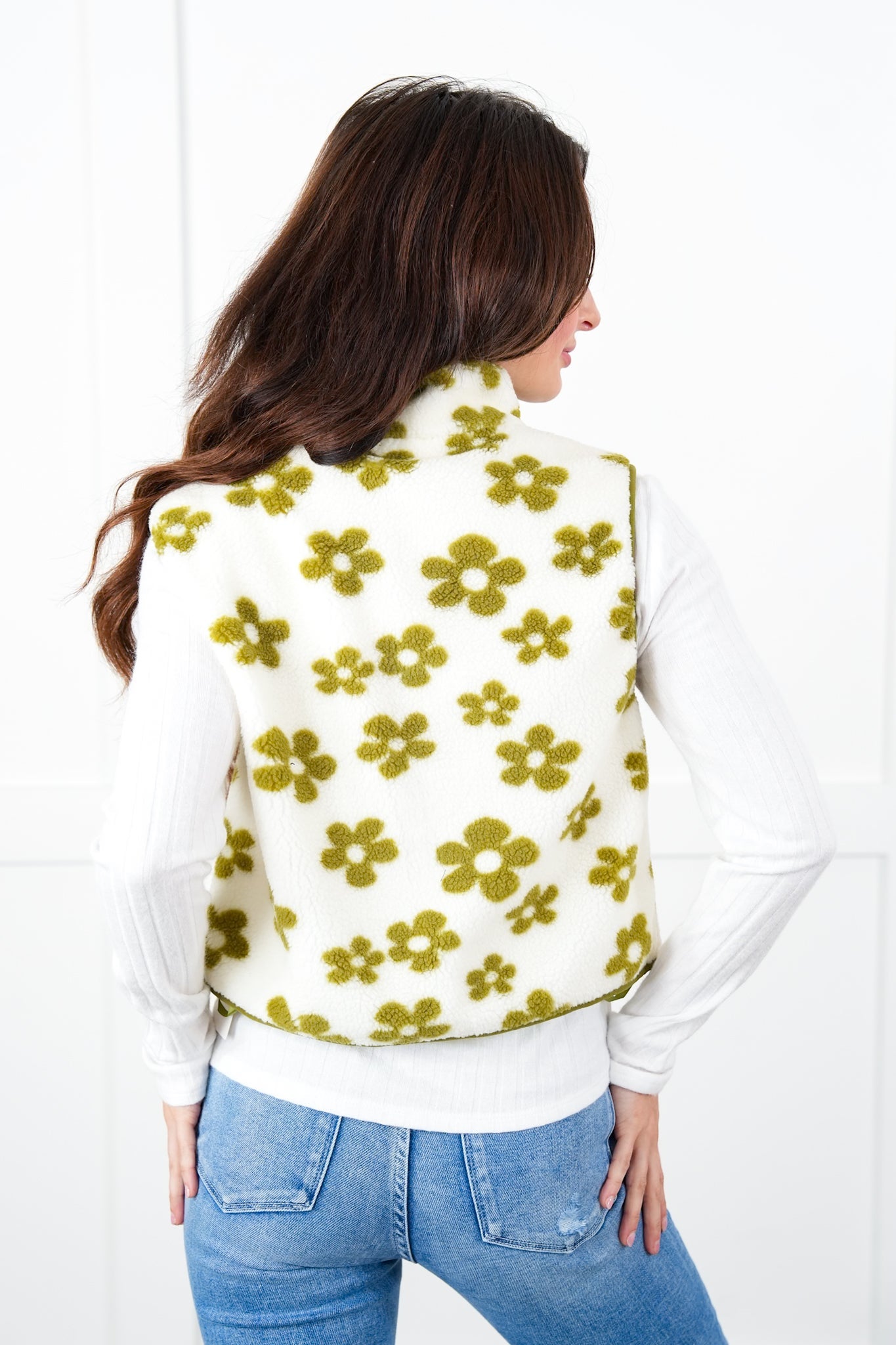 Green Floral Fleece Mock Neck Zip Up Vest
