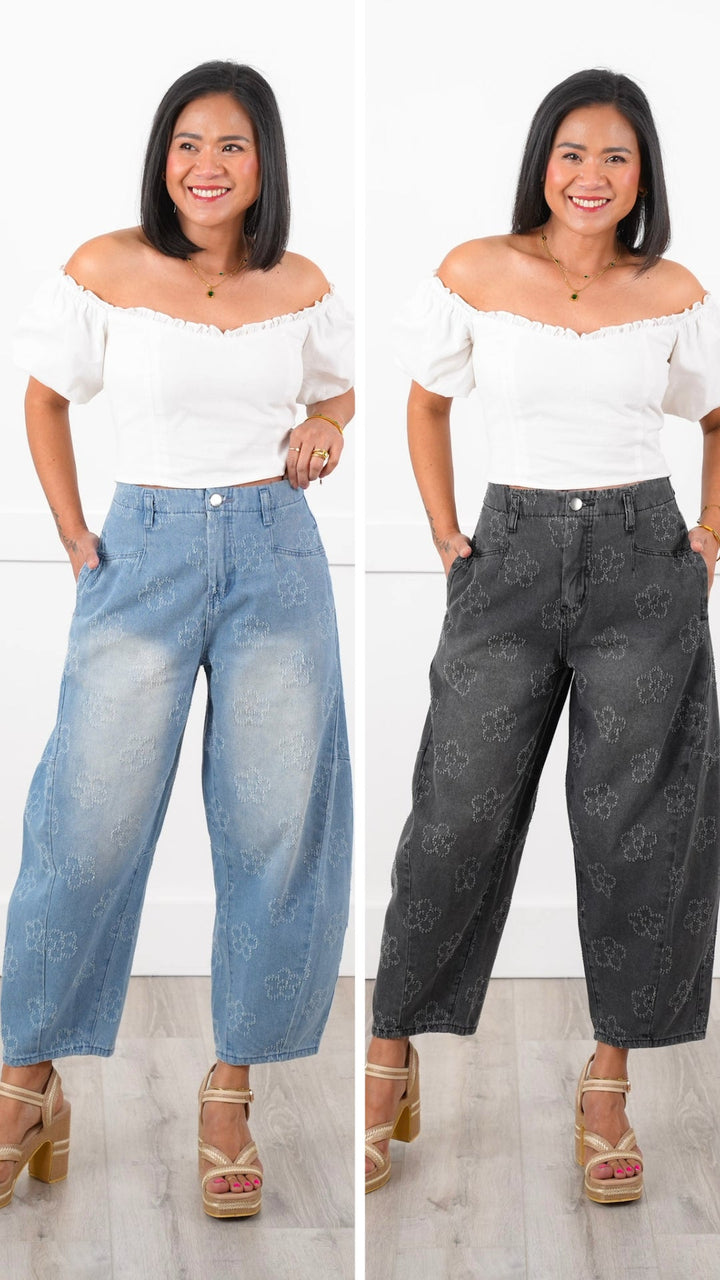 Washed Flower Pattern Barrel Jeans