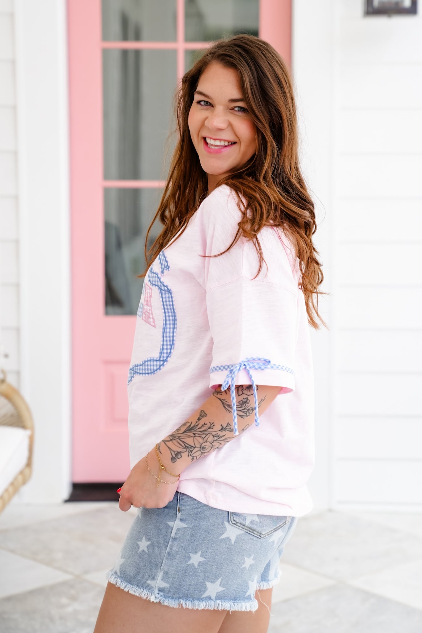 Pink Short Sleeve Round Neck "America" Top with Bow Gingham Detail