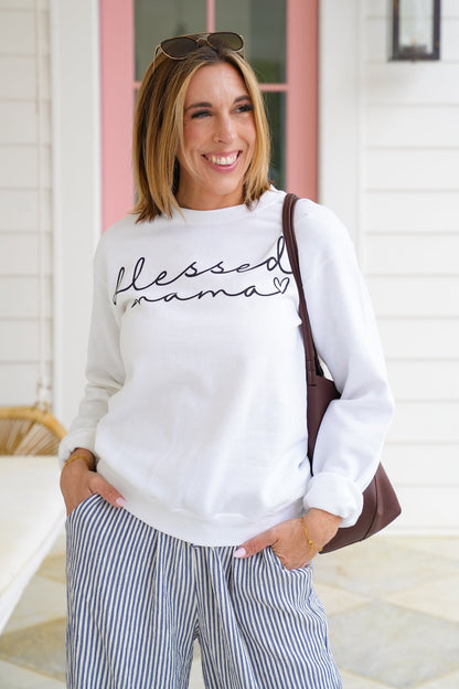Plus/Reg White Long Sleeve "Blessed Mama" Graphic Sweatshirt