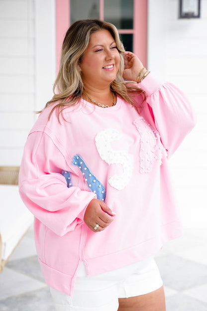 Long Sleeve "USA" Patch Pullover with Pearl Detail