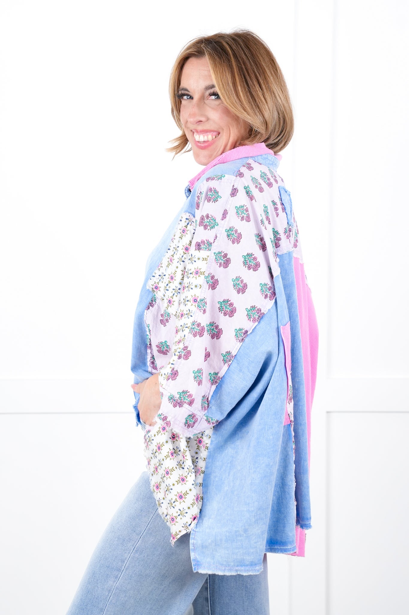 Oversized Multi Print Color Block Button Down Top