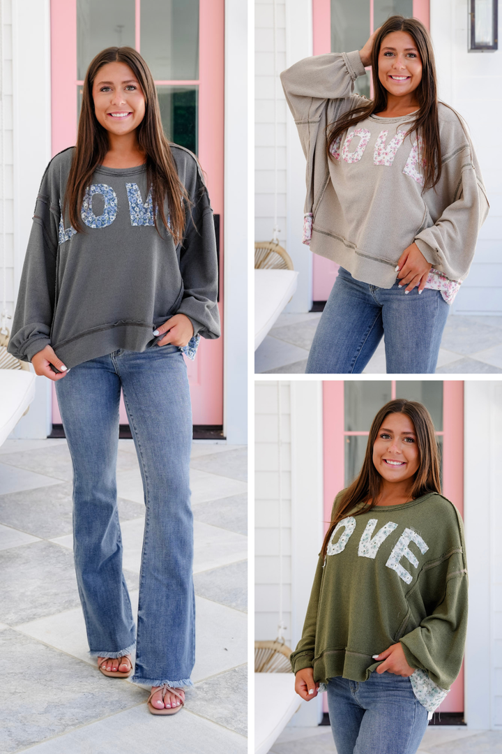 POL Knit Long Sleeve Top with Floral "Love" Patch Detail