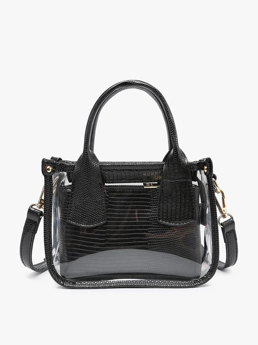 Black Lizard Texture Vegan Leather Trim Clear Satchel