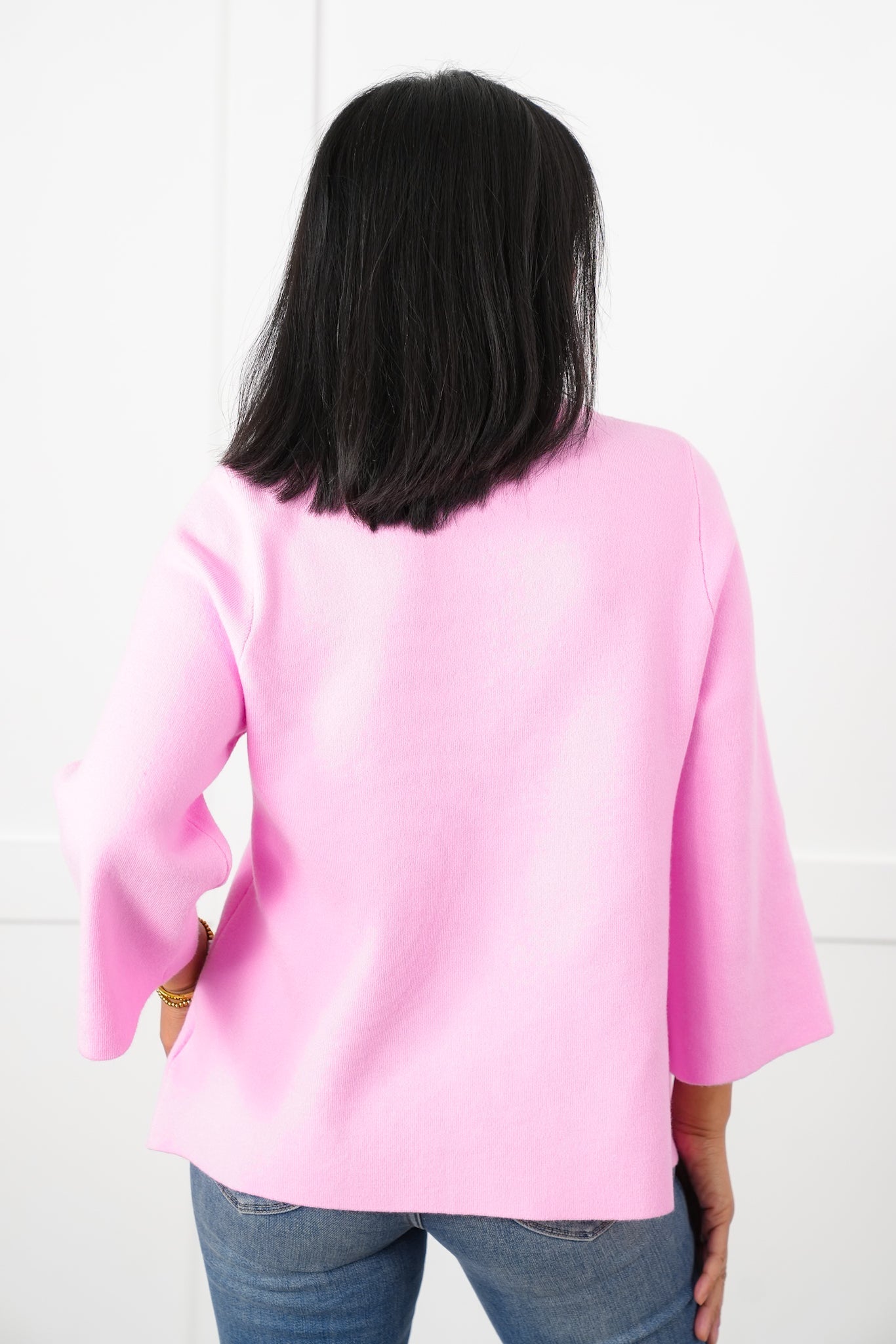 Solid 3/4 Bell Sleeve Mock Neck Knit Top