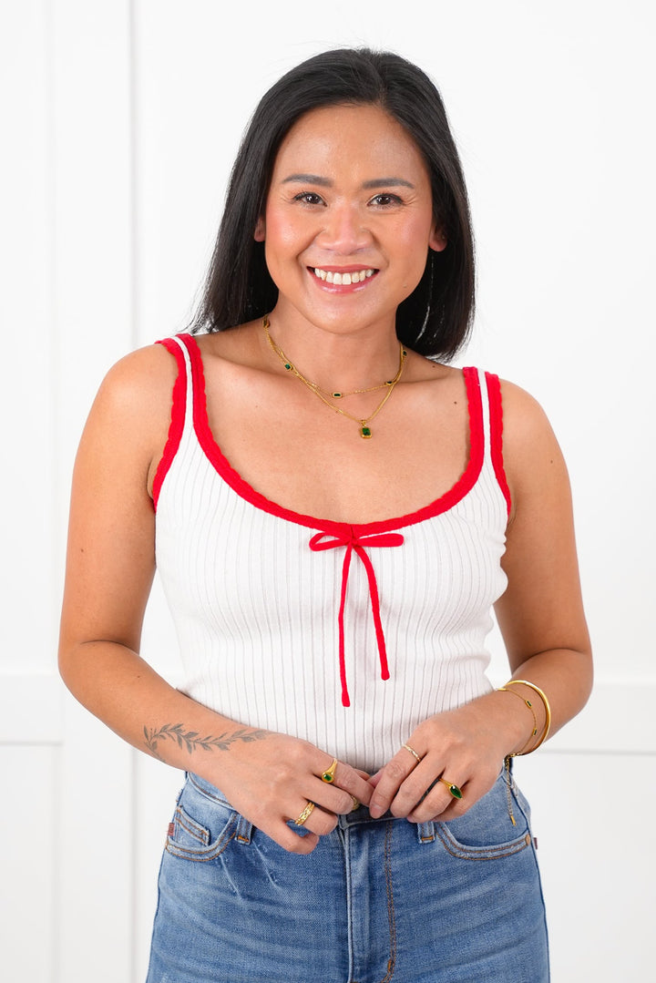 Cream Ribbed Knit Tank Top with Red Trim Detail