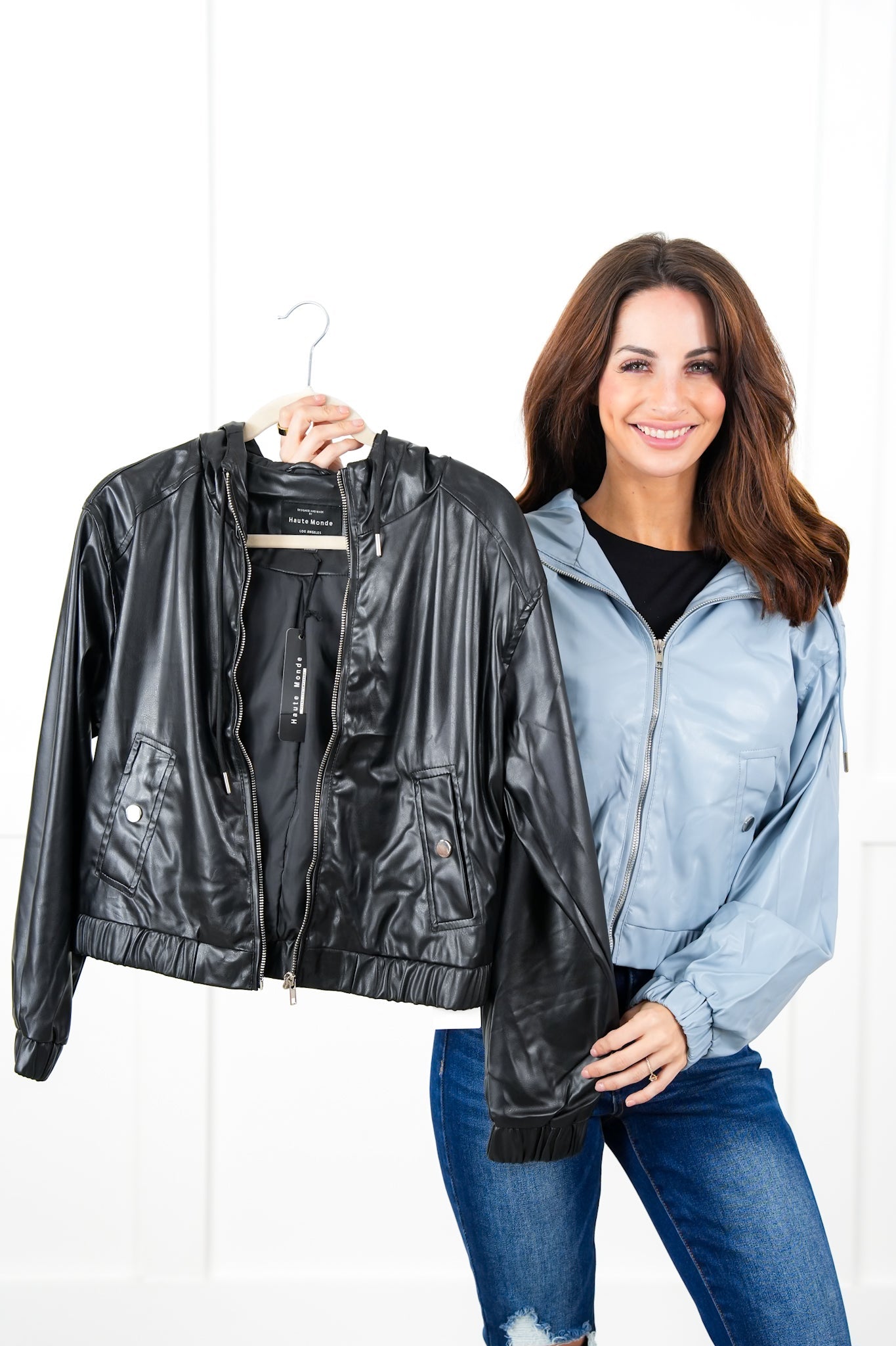 Poppy Day! Vegan Leather Long Sleeve Zip Up Hooded Jacket