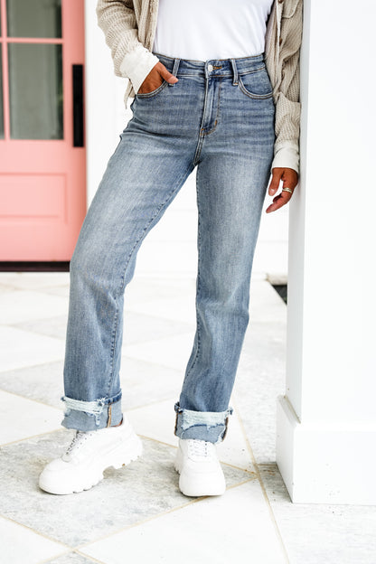 Judy Blue High Rise Medium Wash Distressed Straight Leg Jeans
