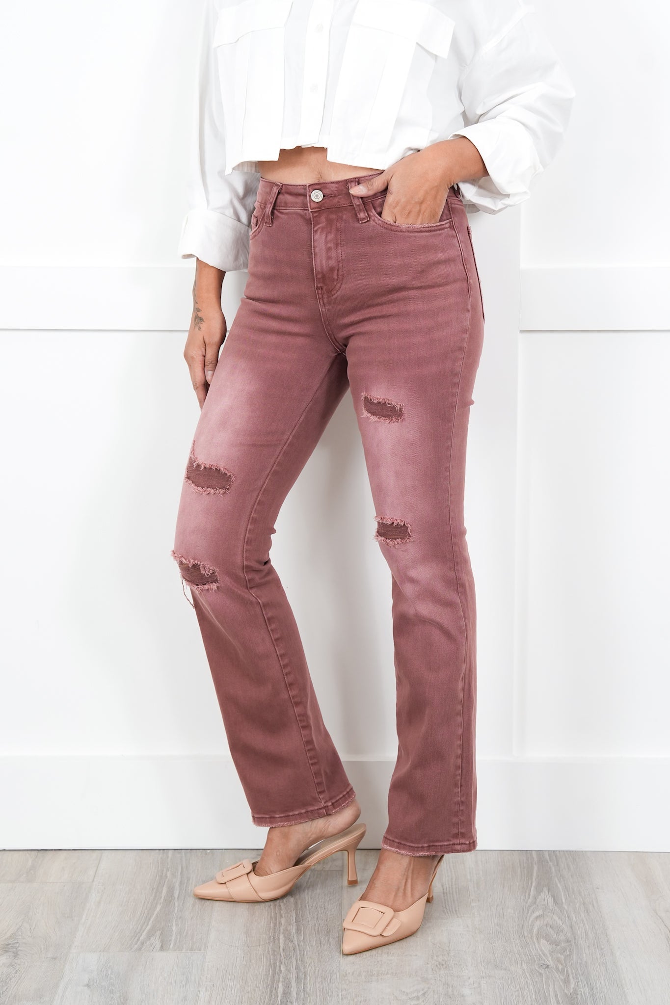 Vervet High Rise Dark Mauve Distressed Bootcut Jeans