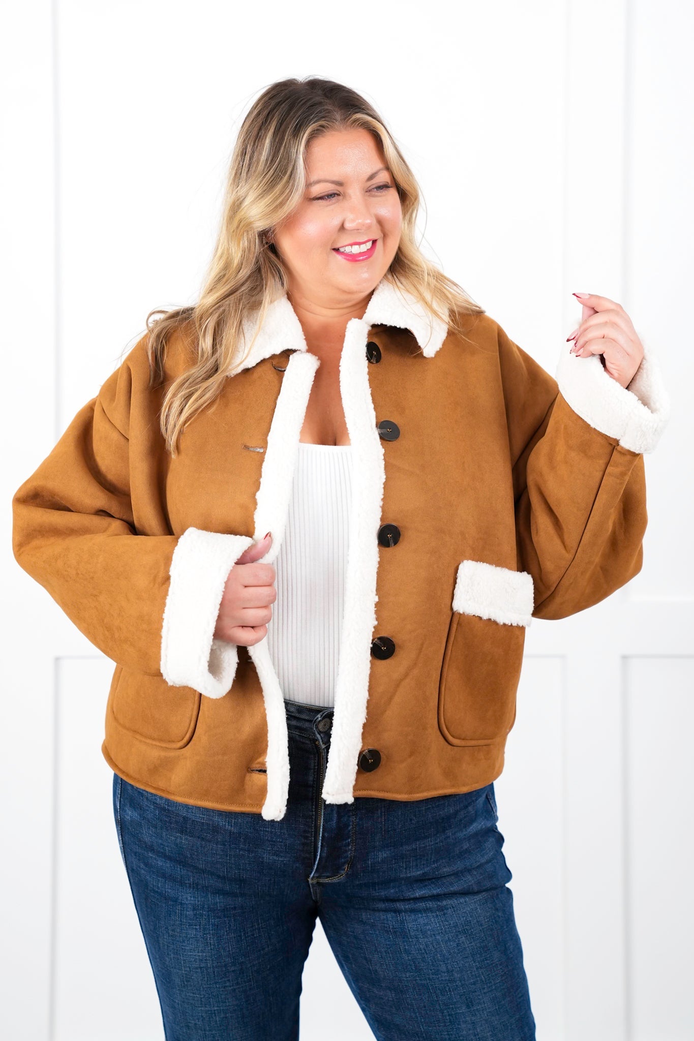 Plus/Reg Vegan Suede Long Sleeve Button Down Jacket with Sherpa Detail