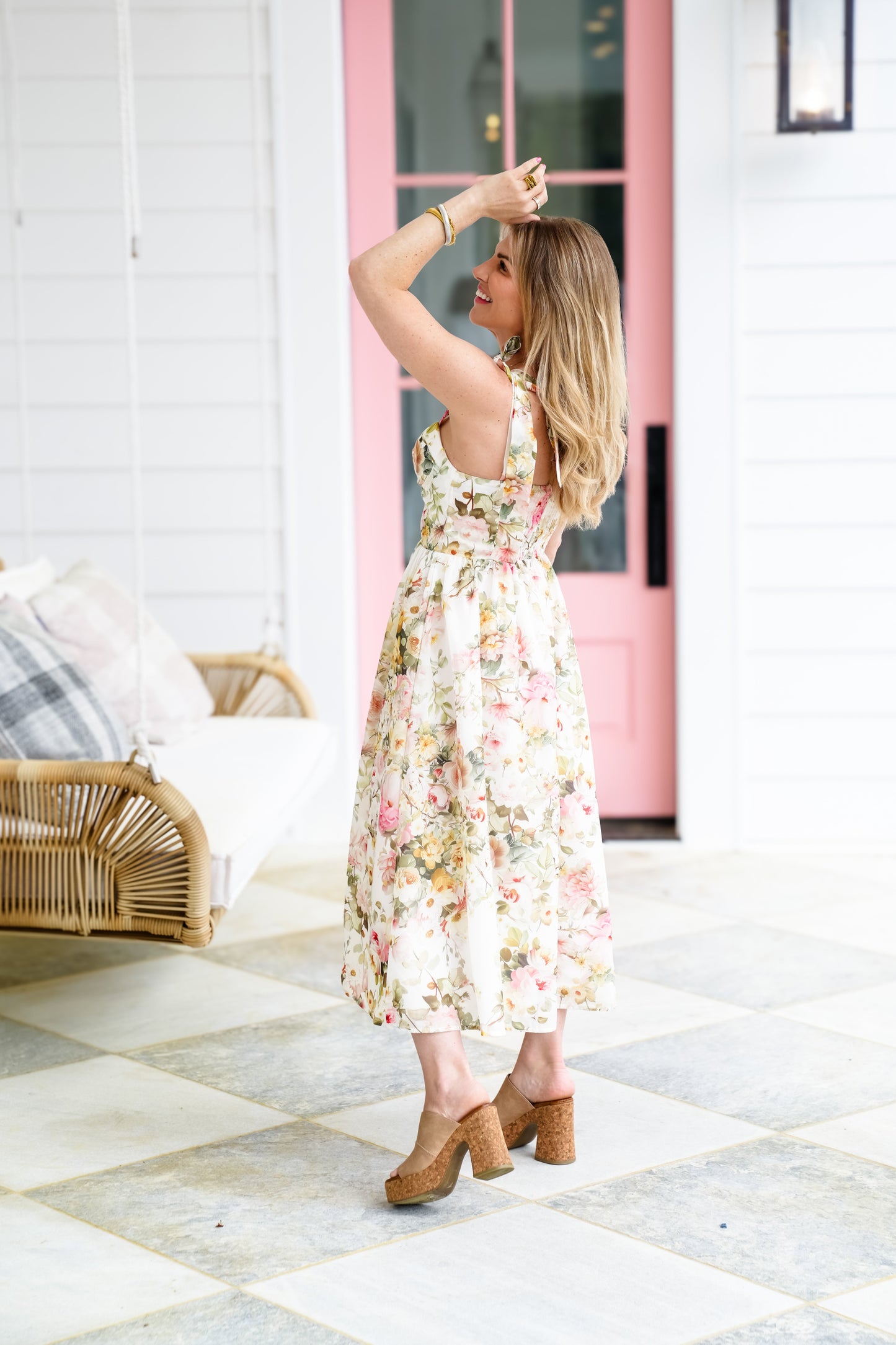 Floral Print Sleeveless Midi Dress with Shoulder Tie