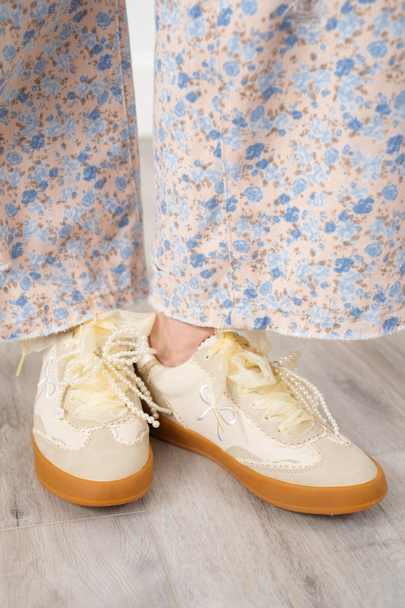Pearl and Bow Detailing Sneakers with Lace Accents
