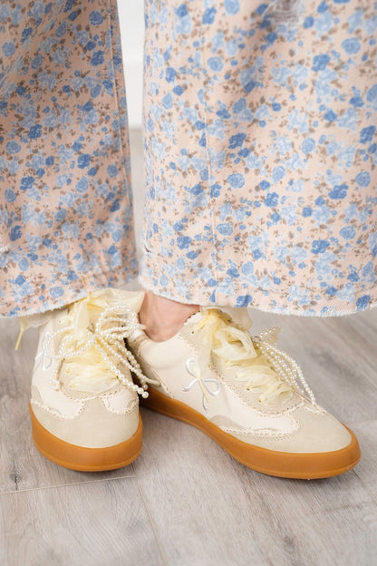 Pearl and Bow Detailing Sneakers with Lace Accents