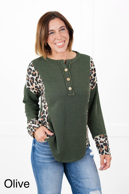 Plus/Reg Ribbed Long Sleeve Button Up Top with Leopard Detail