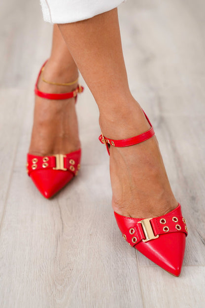Studded Pointed Toe High Heel Shoe with Ankle Strap