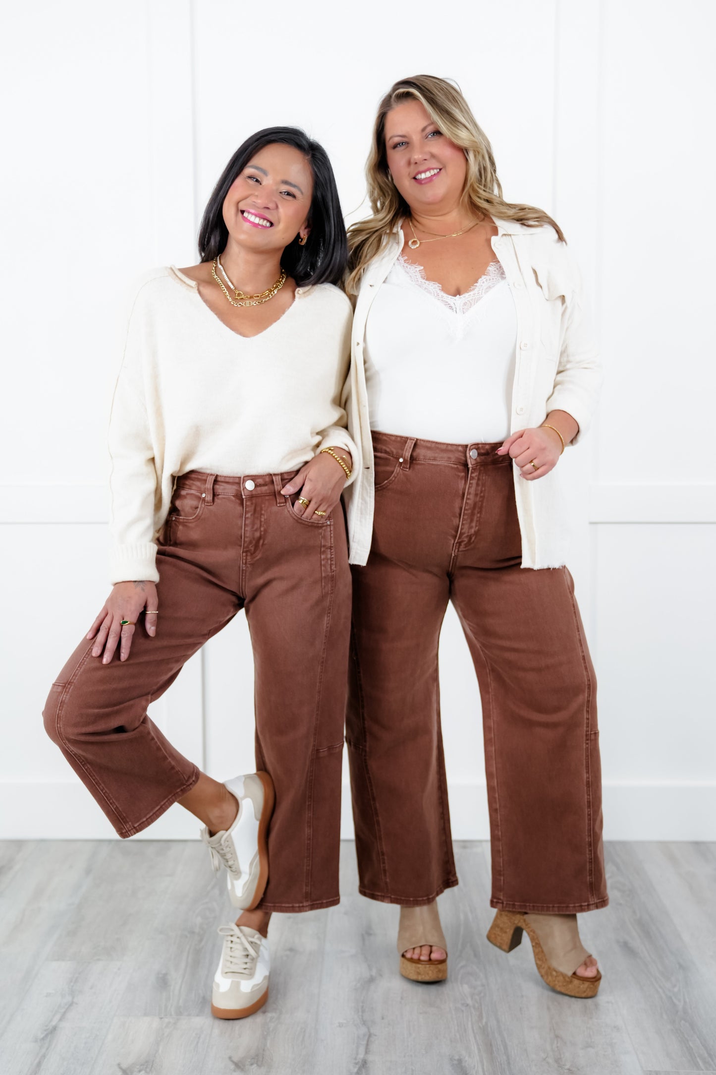 Risen High Rise Brown Cropped Wide Leg Barrel Jeans
