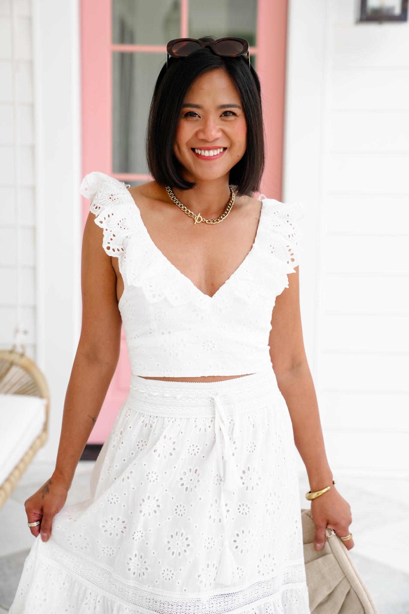 White Eyelet Ruffle Sleeve Crop Top and Hi-Low Skirt Set