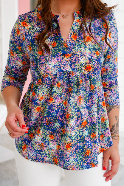 Plus/Reg Multi Color Print 3/4 Sleeve V Neck Blouse Top