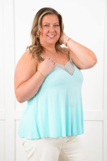 POL Sleeveless V Neck Tank Top with Lace Detail