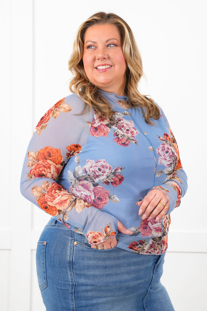Plus/Reg Blue Floral Long Sleeve Mock Neck Mesh Top