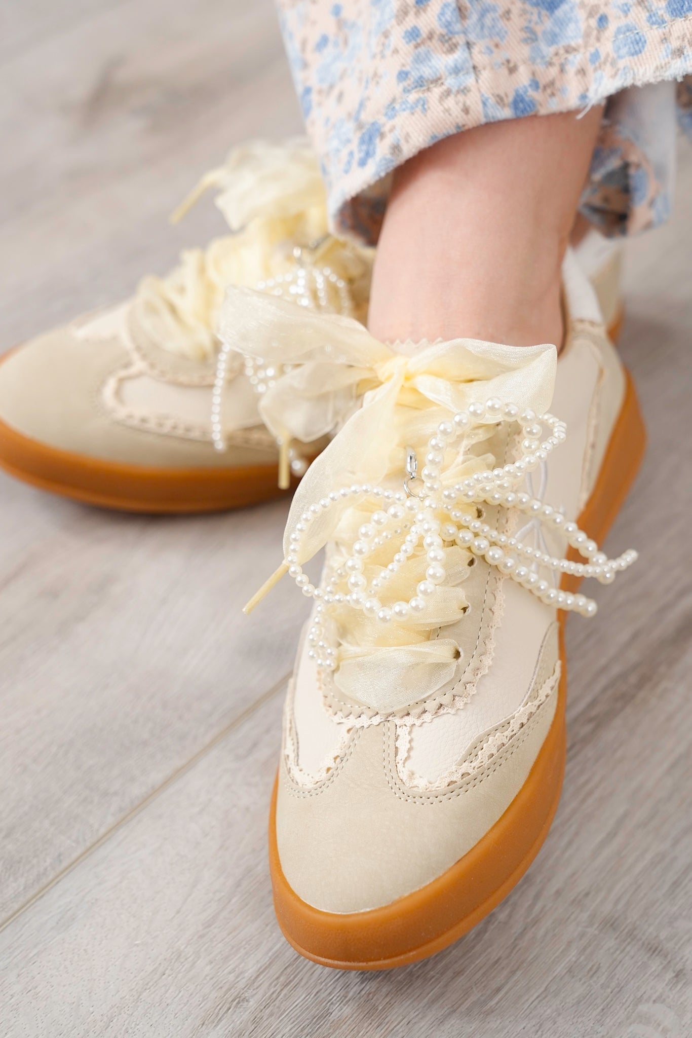 Pearl and Bow Detailing Sneakers with Lace Accents