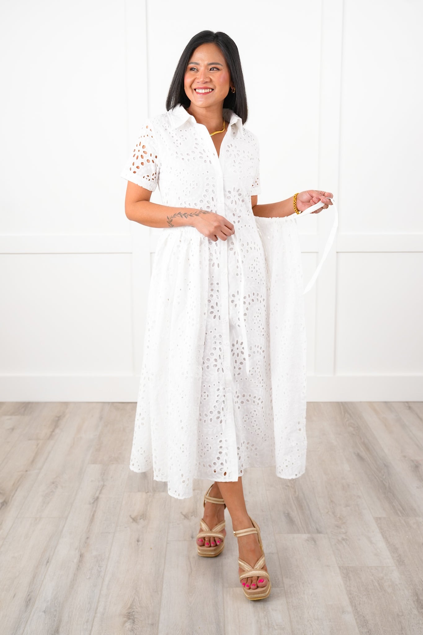 White Eyelet Short Sleeve Button Down Midi Dress with Belt Detail
