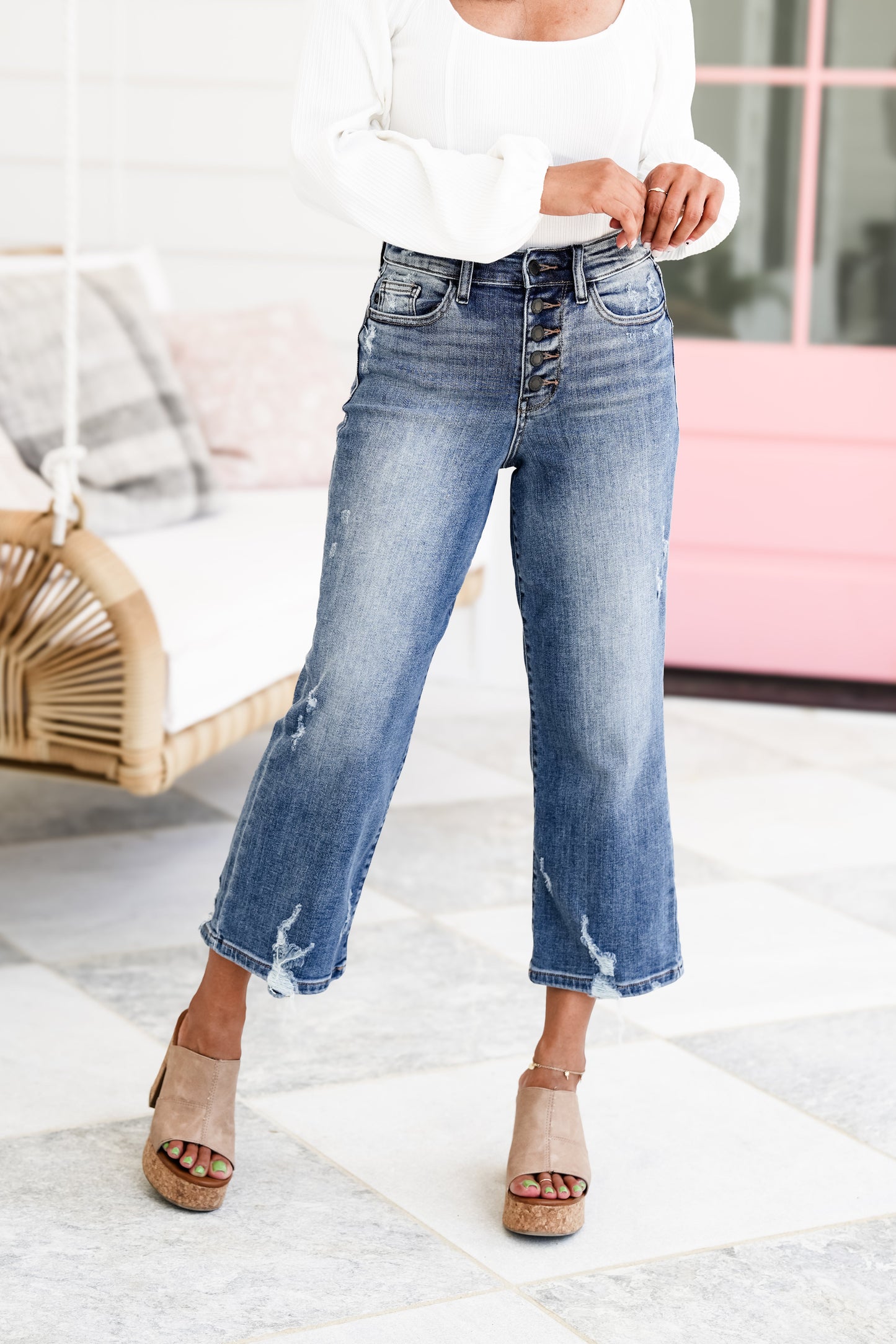 Judy Blue High Rise Medium Wash Button Fly Distressed Wide Leg Cropped Jeans