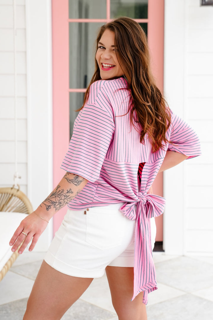 Plus/Reg Stripe Short Sleeve Round Neck Top with Tie Back Detail