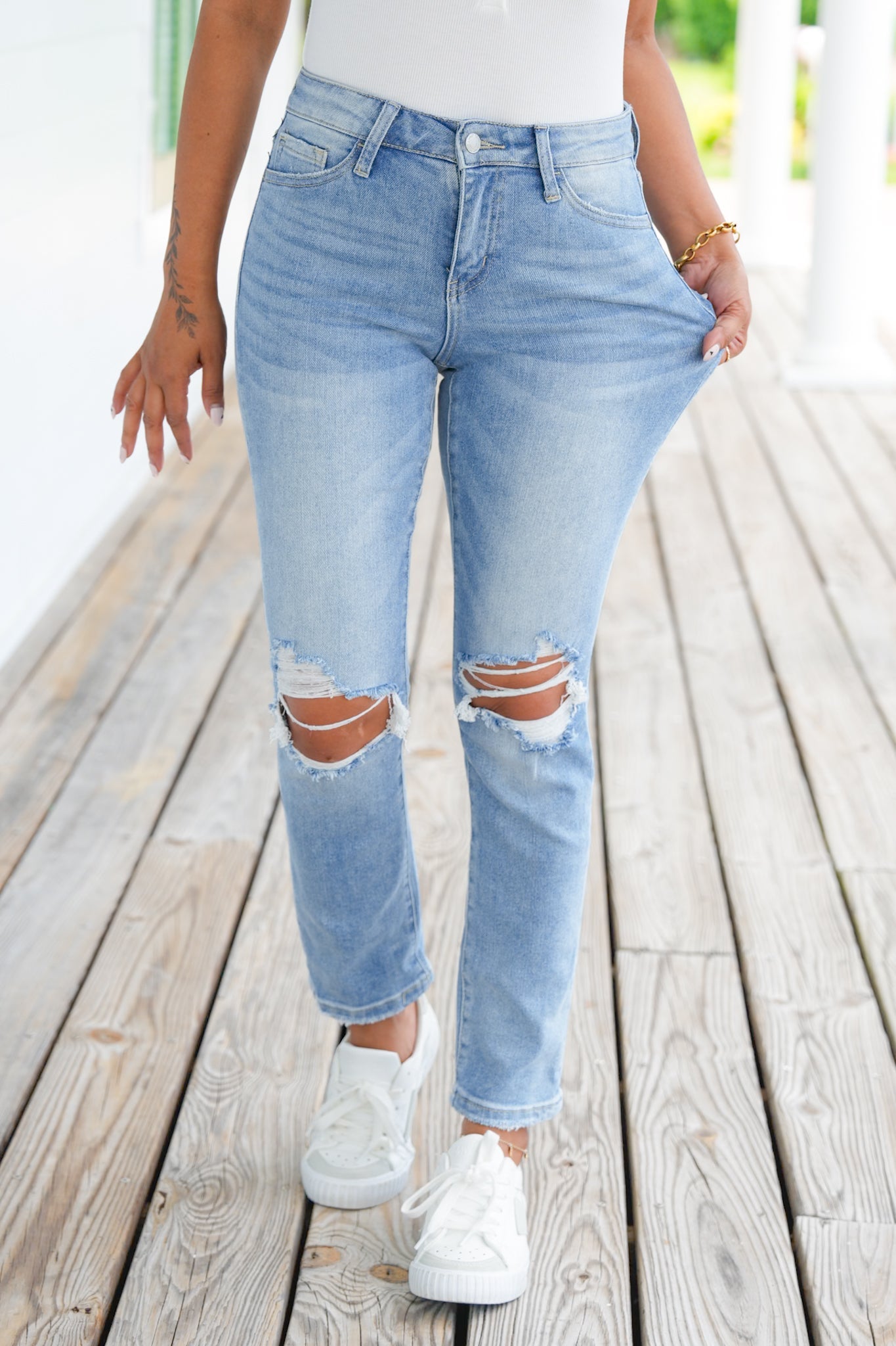 Vervet Mid Rise Medium Wash Distressed Cropped Straight Leg Jeans
