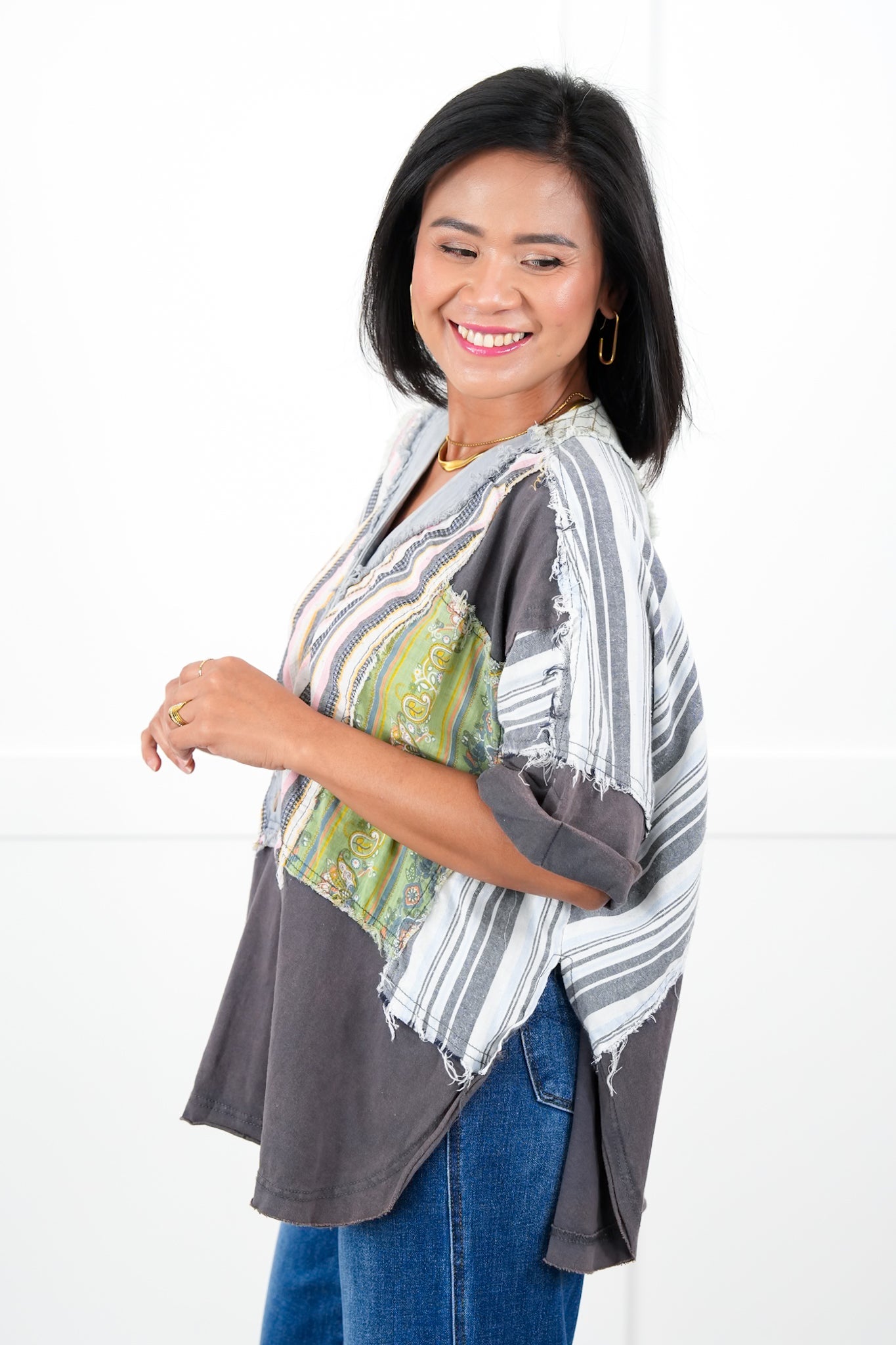 Color Block Short Sleeve Button Up Top with Print Contrast Detail