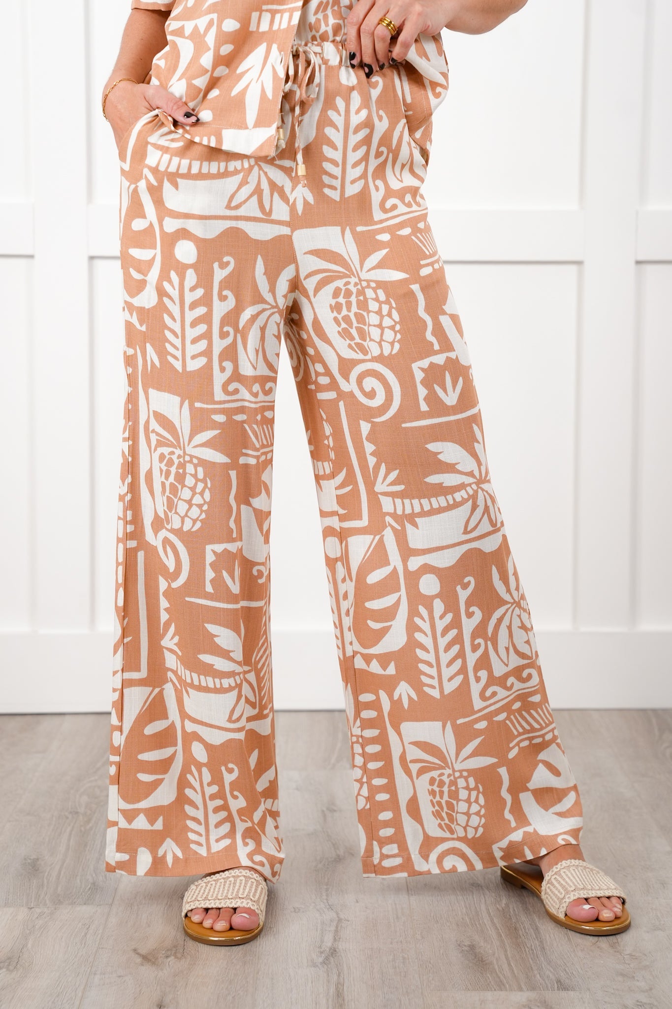 Tropical Print Elastic Waist Wide Leg Resort Pants