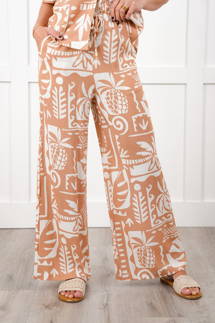 Tropical Print Elastic Waist Wide Leg Resort Pants