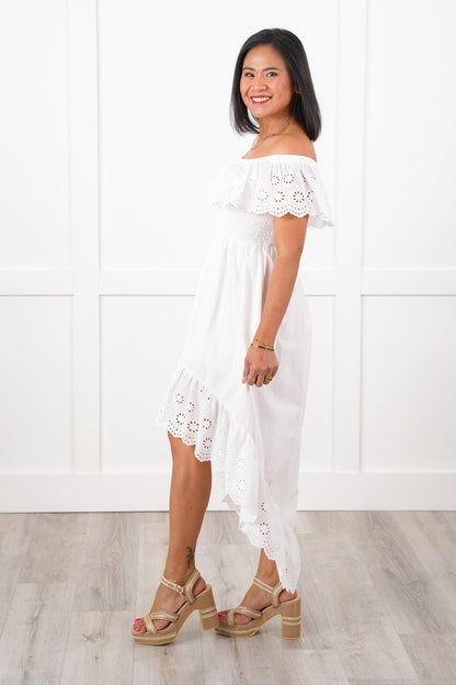 Sleeveless Eyelet Ruffle Smocked Bodice Hi Low Dress