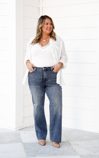 Judy Blue Straighten Up High Rise Medium Wash Tummy Control Raw Hem Straight Leg Jeans