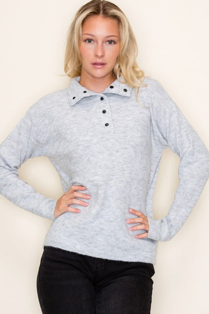 Grey Long Sleeve Half Button Up Pullover Sweater