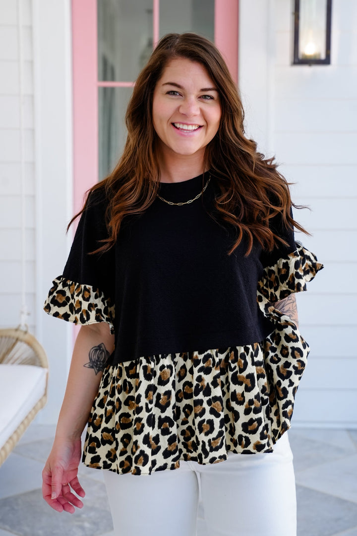 Black Textured Short Sleeve Top with Leopard Ruffle Detail