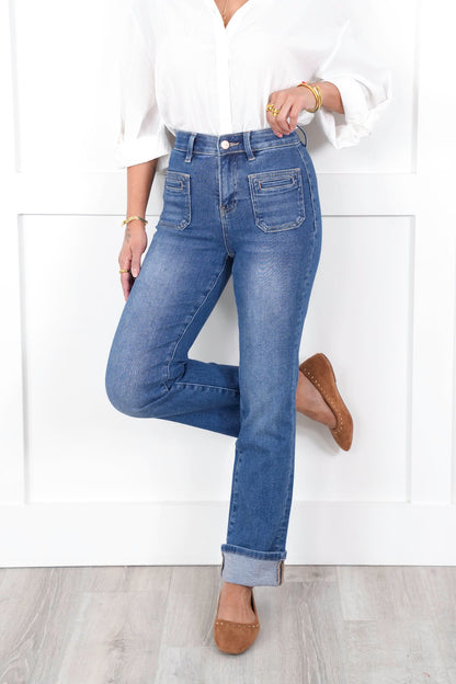 Risen High Rise Medium Wash Elastic Waistband Slim Straight Leg Jeans with Front Patch Pockets