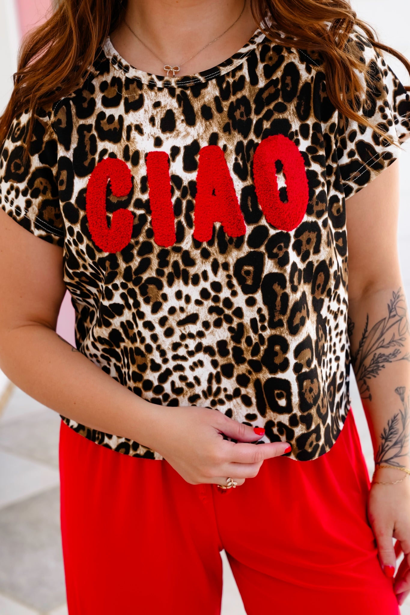 Plus/Reg Leopard Short Sleeve Top with "CIAO" Patch Detail