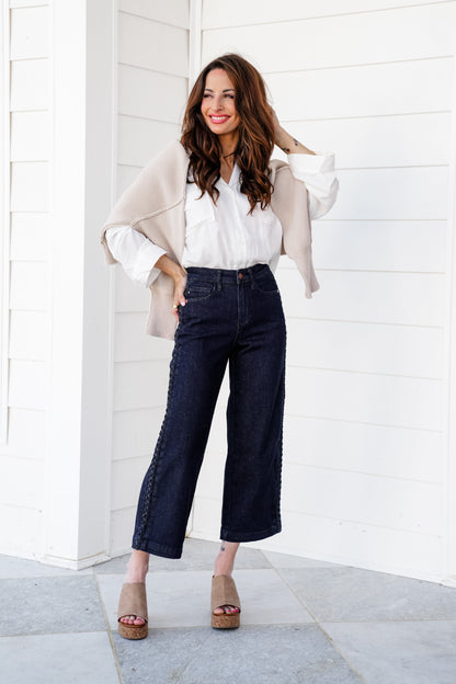 Judy Blue High Rise Dark Wash Cropped Jeans with Side Seam Braid Detail