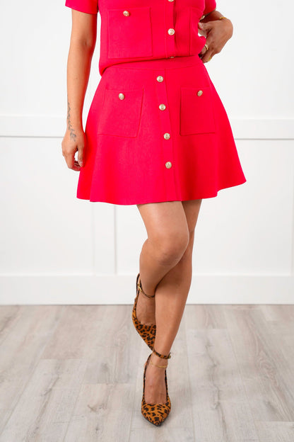 Red Knit A-Line Mini Skirt with Button Detail