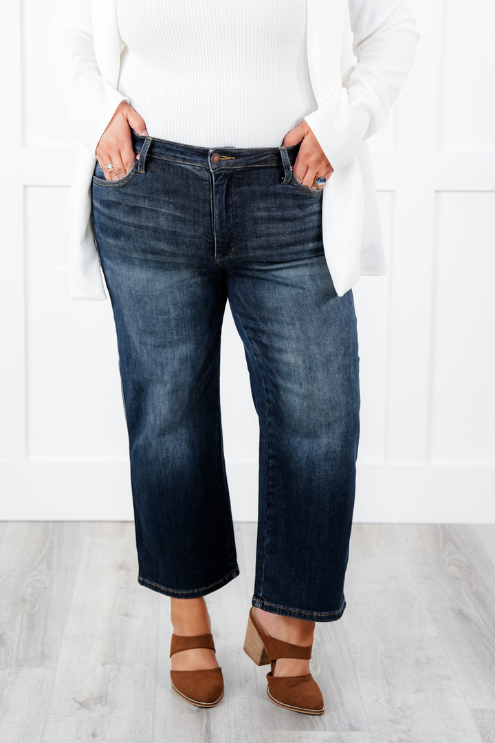 Judy Blue The Juliette Mid Rise Dark Wash Tummy Control Cropped Wide Leg Jeans