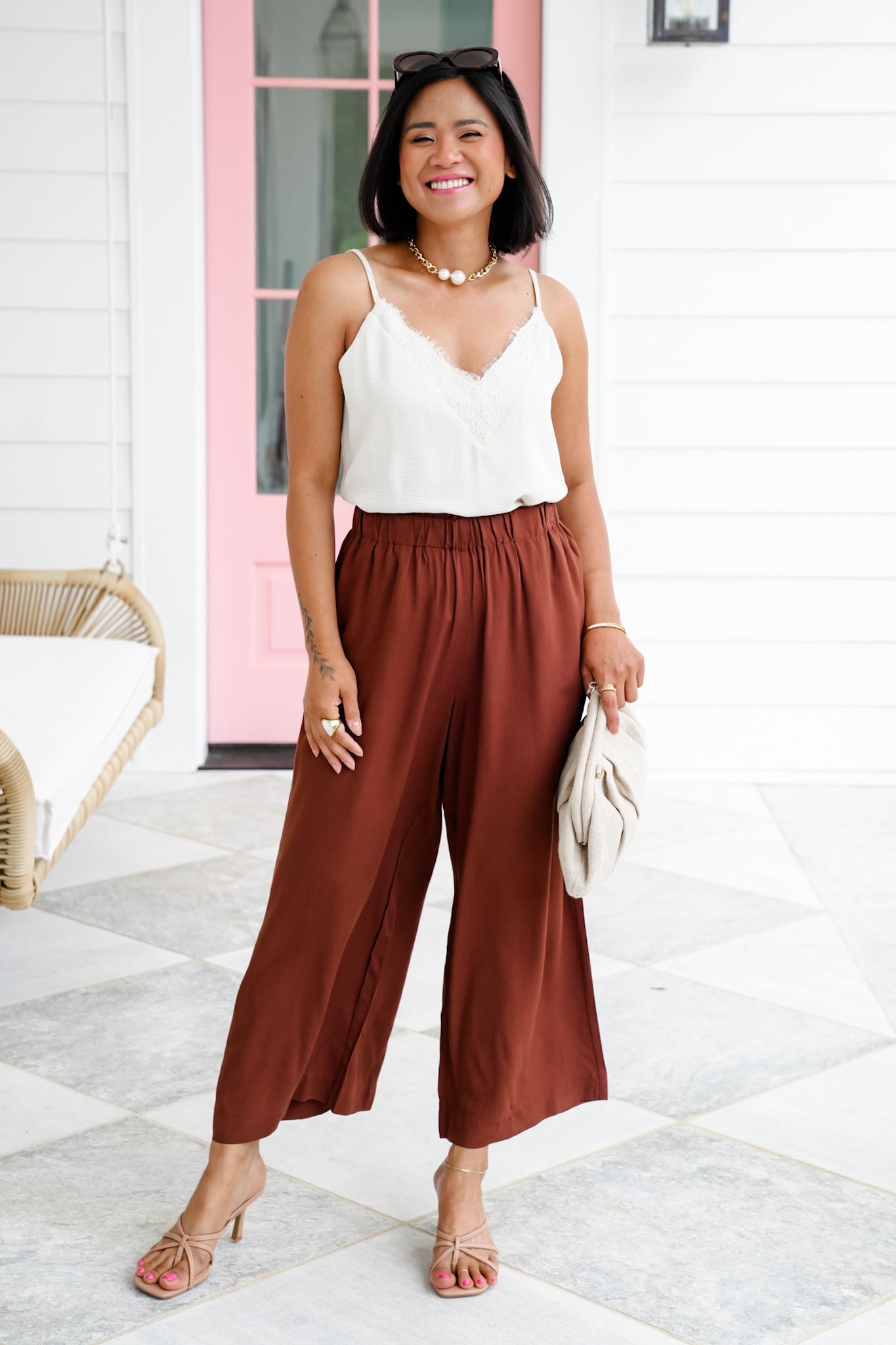 Solid Woven Elastic High Waist Wide Leg Pants