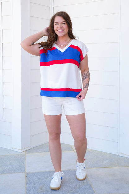 Color Block Short Sleeve V Neck French Terry Top
