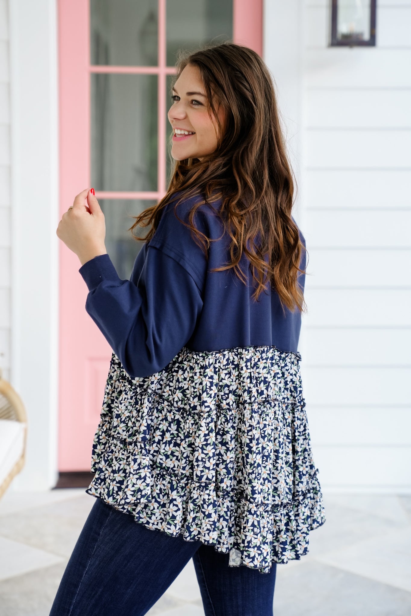 Navy Long Sleeve Sweatshirt with Floral Tiered Detail