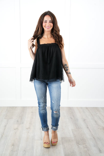 Heart Print Mesh Tank Top with Ruffle Detail