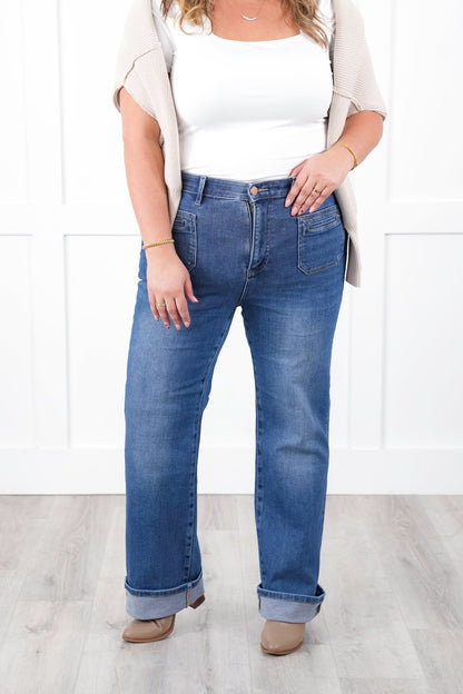 Risen High Rise Medium Wash Elastic Waistband Slim Straight Leg Jeans with Front Patch Pockets
