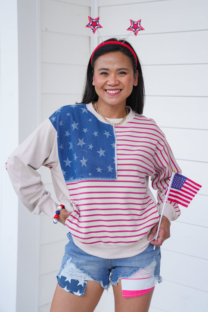 American Flag Detail Long Sleeve Crew Neck Sweatshirt
