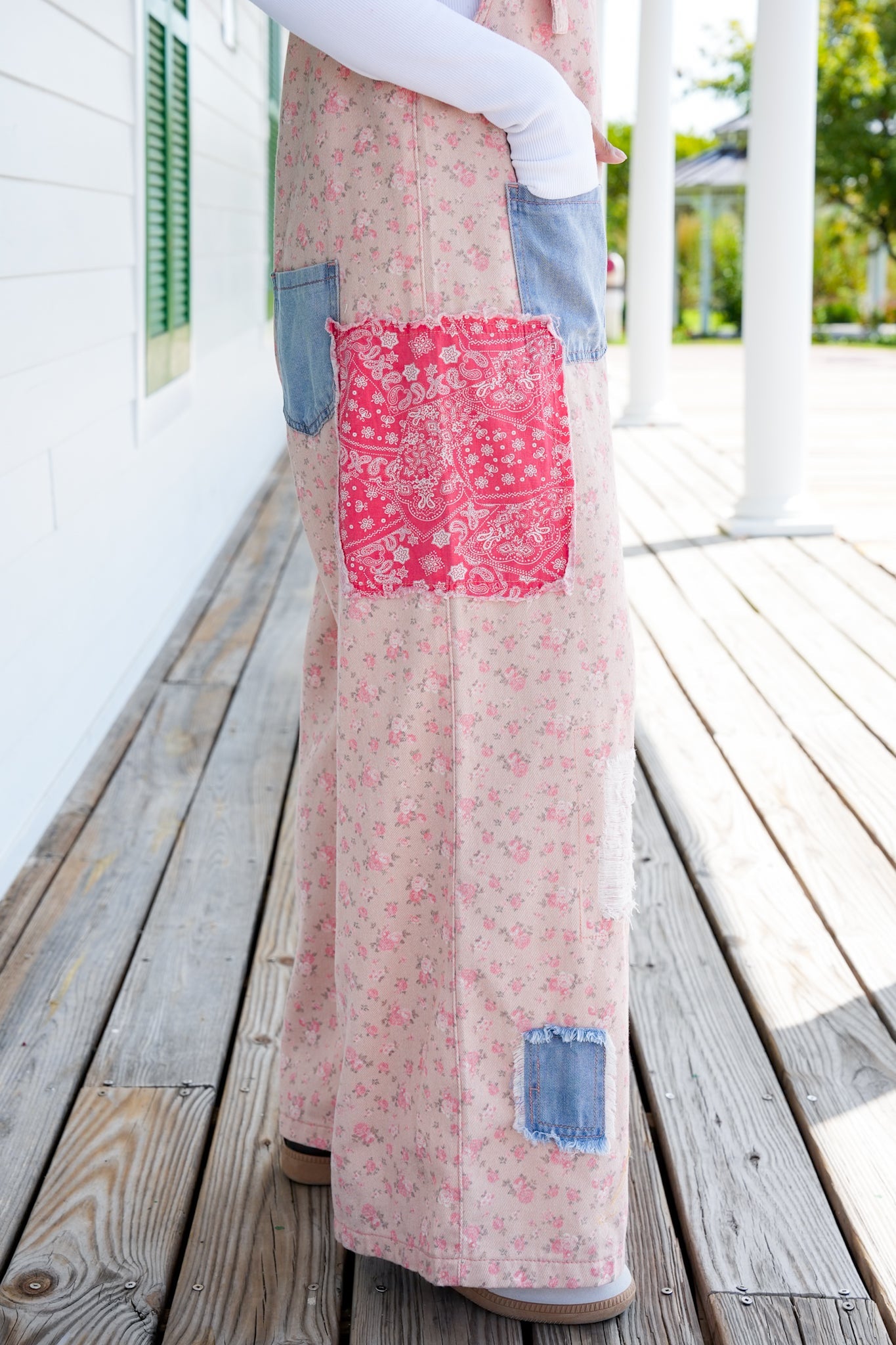 POL Floral Sleeveless V-Neck Denim Overalls With Patch Detail