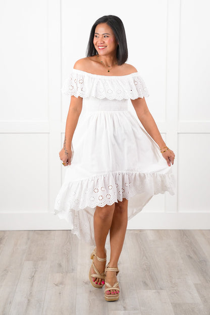 Sleeveless Eyelet Ruffle Smocked Bodice Hi Low Dress