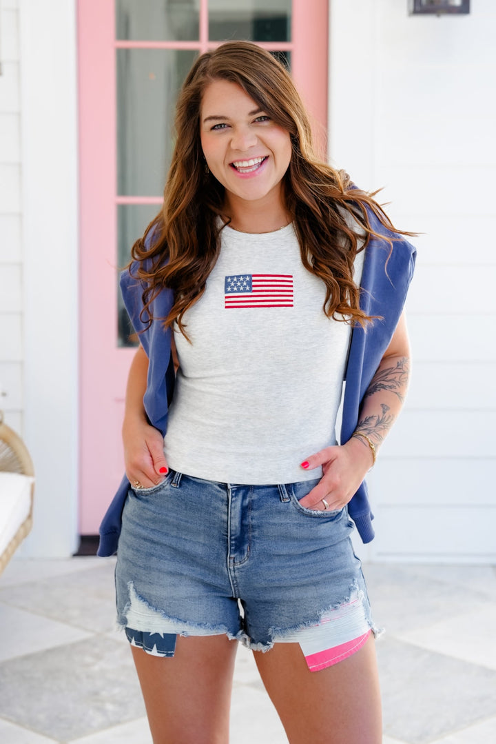 Short Sleeve Top with Embroidered American Flag Patch